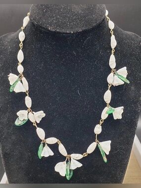 White Flowers and Green Leaves Floral Lampwork Statement Necklace
